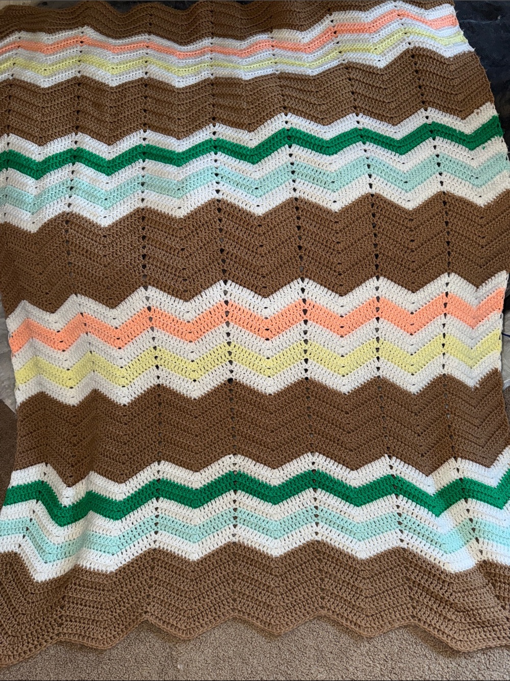 Hand Crafted Chevron Crochet Throw Blanket in Brown, White, Green, Peach, Yellow